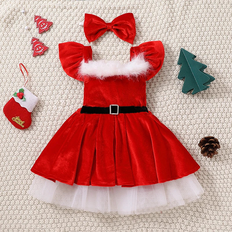 Kid Baby Girl Christmas Clothes Set Faux Fur Patchwork Long Sleeve Off Shoulder A-Line Dress with Belt + Bow Headband