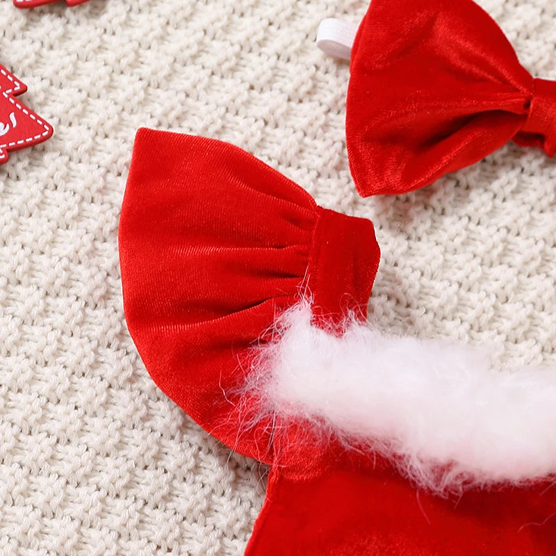 Kid Baby Girl Christmas Clothes Set Faux Fur Patchwork Long Sleeve Off Shoulder A-Line Dress with Belt + Bow Headband