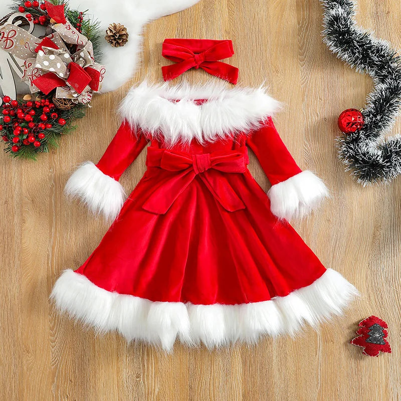 Kid Baby Girl Christmas Clothes Set Faux Fur Patchwork Long Sleeve Off Shoulder A-Line Dress with Belt + Bow Headband
