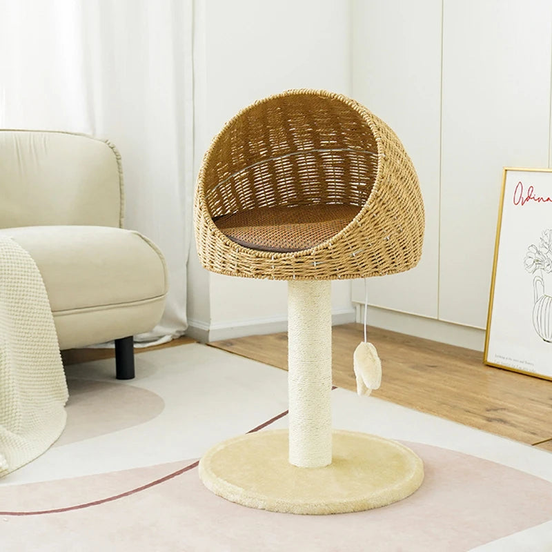 Cat Scratching Climbing Tree with Rattan Weaving House Pet Grinding Pawl Sisal Scratch Pole Cats Scratcher Frame Nest