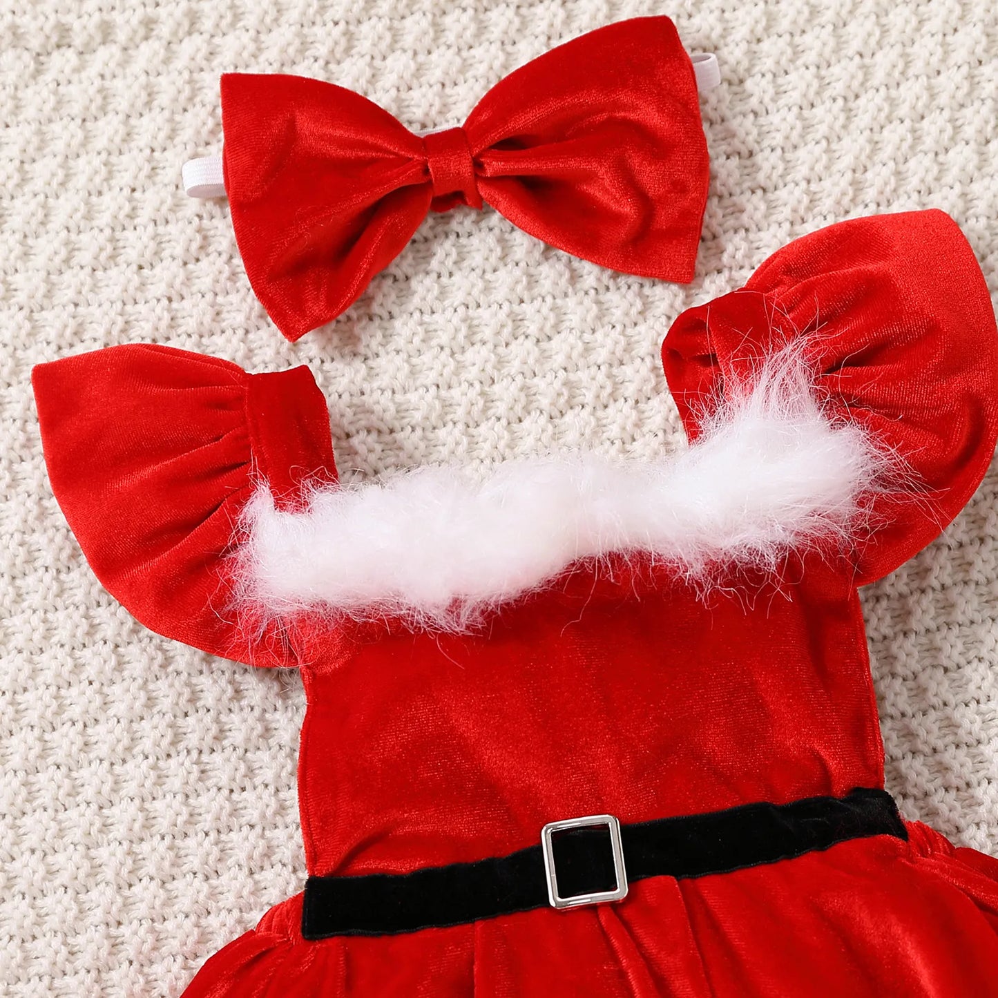 Kid Baby Girl Christmas Clothes Set Faux Fur Patchwork Long Sleeve Off Shoulder A-Line Dress with Belt + Bow Headband
