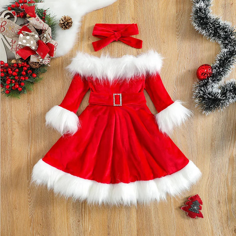 Kid Baby Girl Christmas Clothes Set Faux Fur Patchwork Long Sleeve Off Shoulder A-Line Dress with Belt + Bow Headband