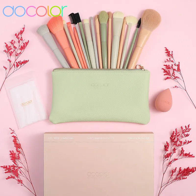 Docolor 17Pcs Makeup Brushes Set Eye Shadow Blush Powder Blending Foundation Cosmetic Brush  With Makeup Sponges And Bag