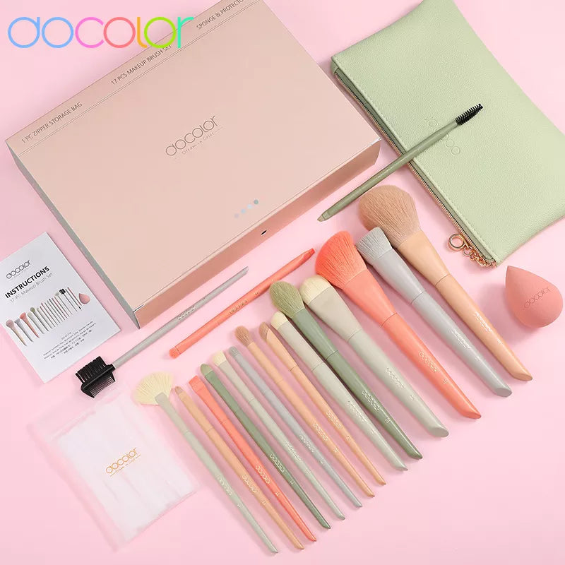 Docolor 17Pcs Makeup Brushes Set Eye Shadow Blush Powder Blending Foundation Cosmetic Brush  With Makeup Sponges And Bag