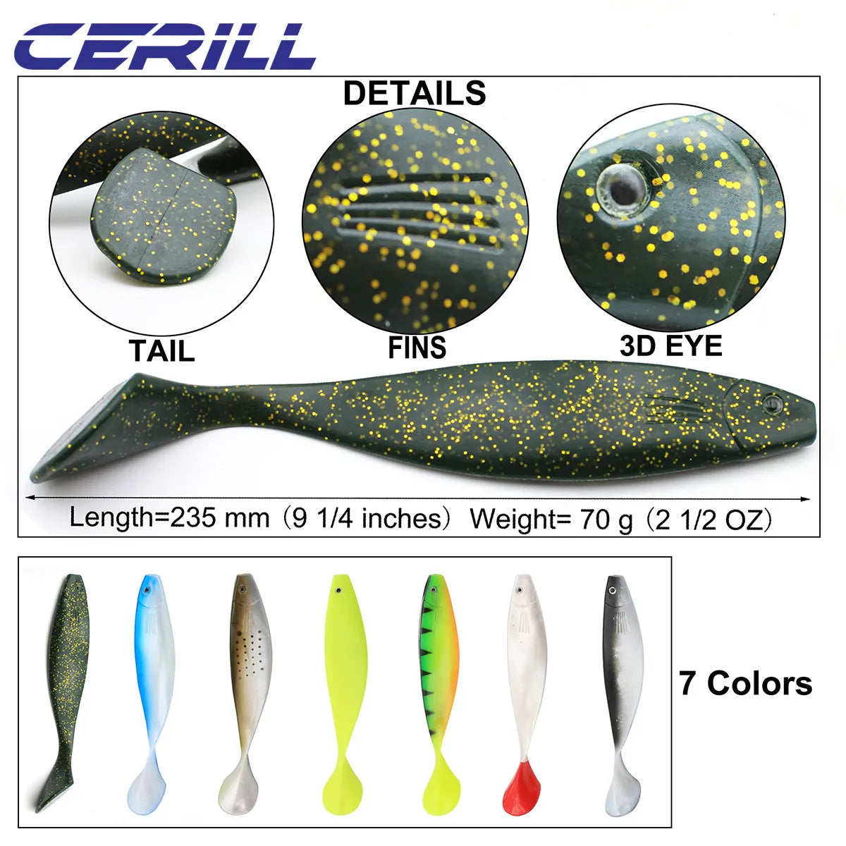 Cerill 70 g Paddle Tail Silicone Artificial Big Bait Soft Fishing Lure Jigging Wobblers Pike Bass Saltwater Swimbait 23.5 cm