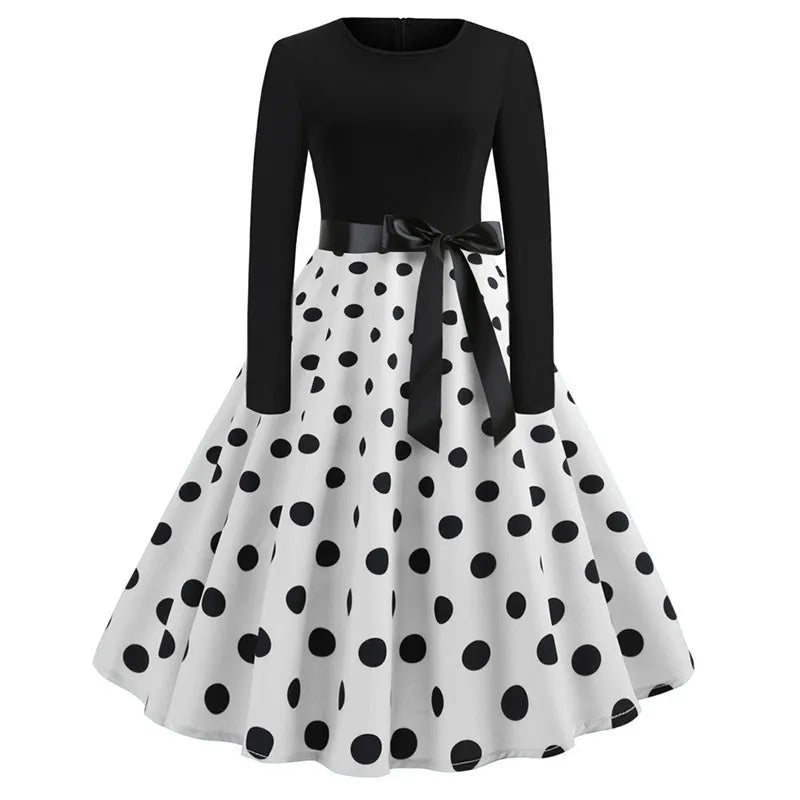 Winter Dresses Women 50S 60S Vintage Robe Swing Pinup Elegant Party Dress Long Sleeve Casual Print Black