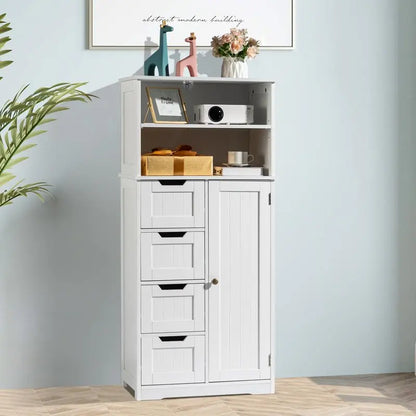 Bathroom Floor Cabinet, Multipurpose Storage Cabinet with 4 Drawers, 1 Cupboard & Adjustable Shelves for Kitchen Living Room Bed