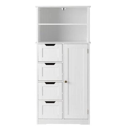 Bathroom Floor Cabinet, Multipurpose Storage Cabinet with 4 Drawers, 1 Cupboard & Adjustable Shelves for Kitchen Living Room Bed