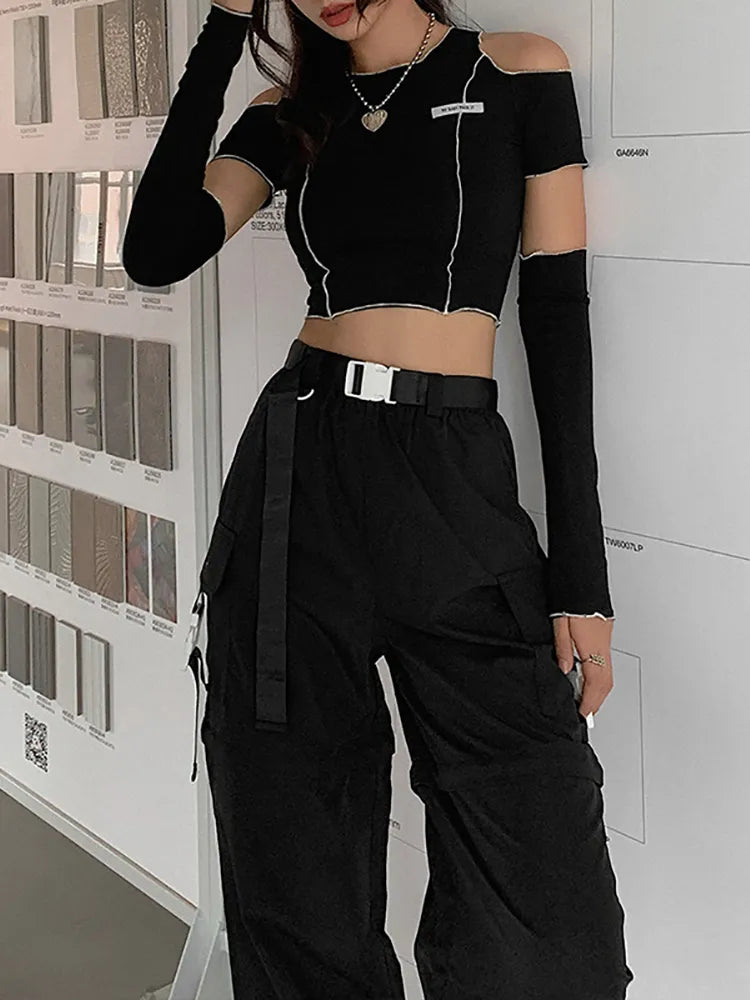 Goth Dark E-girl Style Patchwork Black T-shirts Gothic Open Shoulder Sleeve Y2k Crop Tops Ruffles Hem Hip Hop Techwear Women Tee