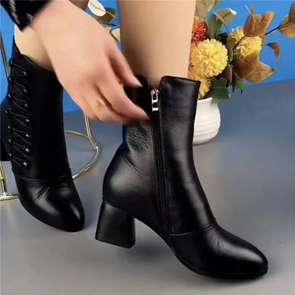 Women Ankle Boots Winter Warm Side Button Ethnic High Heel Booties Pu Leather Platform Mother Shoes Female Footwear 2023 New