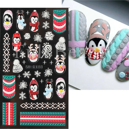 5D Christmas Nail Stickers Snowman Winter Decor Gloves Hats Bear Penguins Sliders Embossed Knit Sweater Decals Manicure GL5D-K