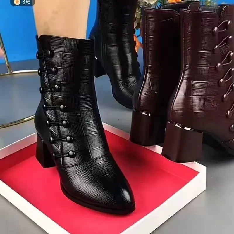 Women Ankle Boots Winter Warm Side Button Ethnic High Heel Booties Pu Leather Platform Mother Shoes Female Footwear 2023 New