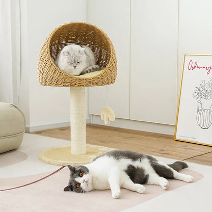 Cat Scratching Climbing Tree with Rattan Weaving House Pet Grinding Pawl Sisal Scratch Pole Cats Scratcher Frame Nest