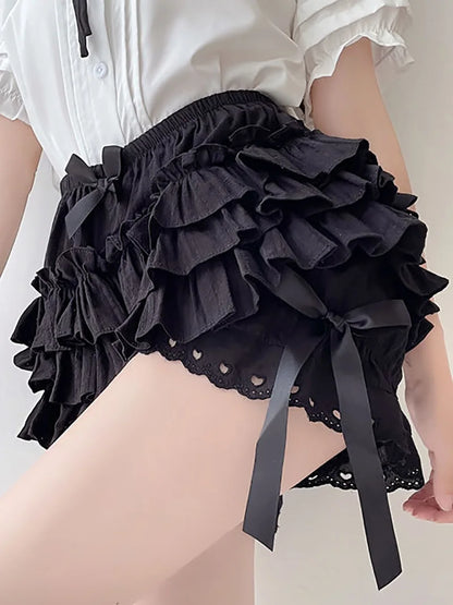 Women Femme Black White Ruffle Knickers Kawaii Pumpkin Panties Cute Lace Bowknot Lolita Safety Shorts Vintage Victorian Bloomers