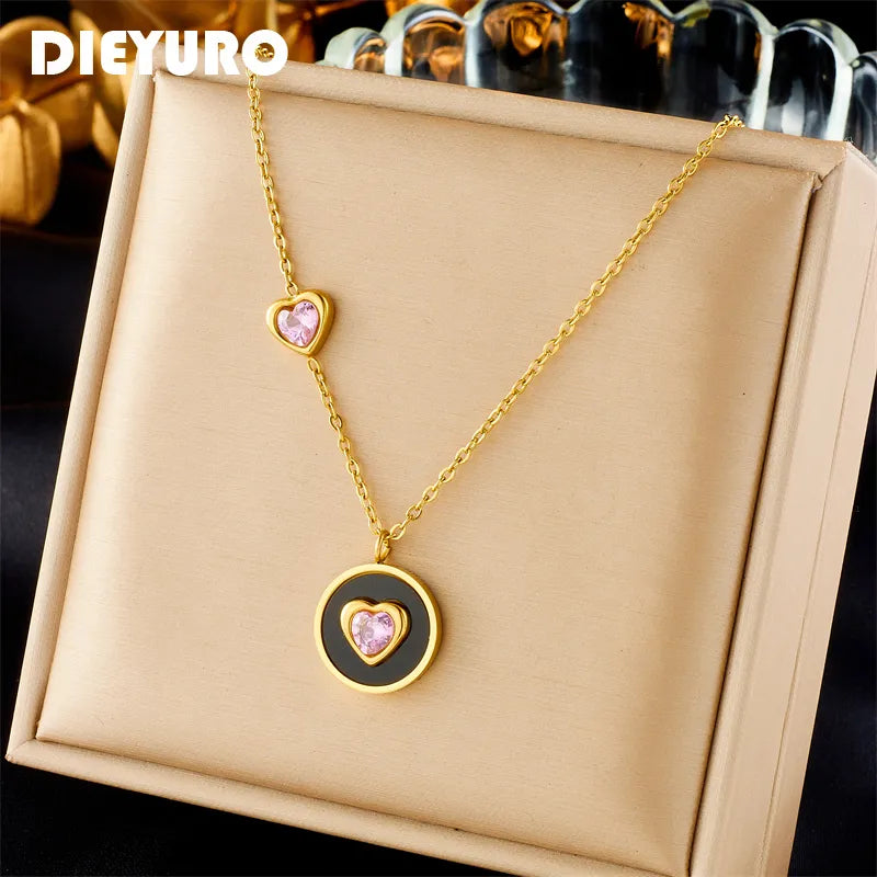 DIEYURO 316L Stainless Steel Heart Pink Zircon Pendant Necklace For Women Girl Fashion Neck Chain Waterproof Jewelry Party Gift