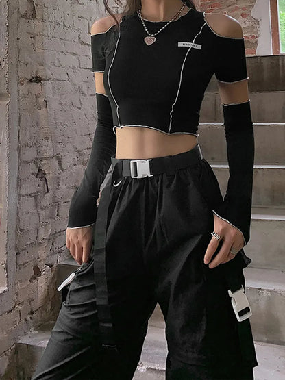 Goth Dark E-girl Style Patchwork Black T-shirts Gothic Open Shoulder Sleeve Y2k Crop Tops Ruffles Hem Hip Hop Techwear Women Tee