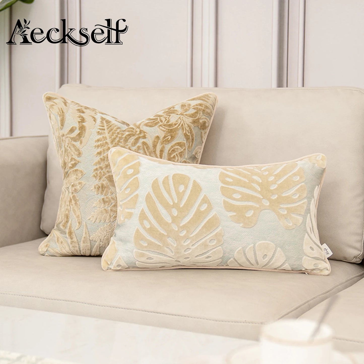 Aeckself Luxury Flowers Leaves Pattern Cut Velvet Cushion Cover Home Decor Beige Throw Pillow Case Pillowcase