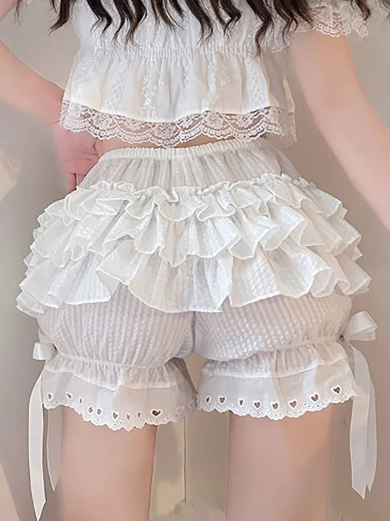 Women Femme Black White Ruffle Knickers Kawaii Pumpkin Panties Cute Lace Bowknot Lolita Safety Shorts Vintage Victorian Bloomers