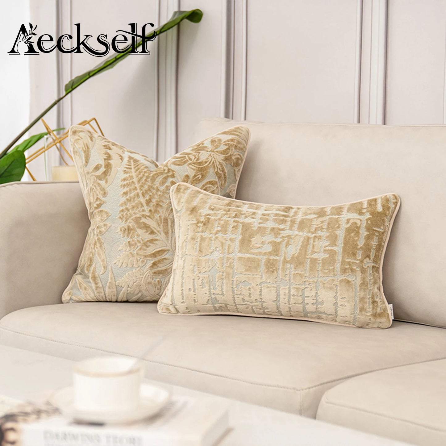 Aeckself Luxury Flowers Leaves Pattern Cut Velvet Cushion Cover Home Decor Beige Throw Pillow Case Pillowcase