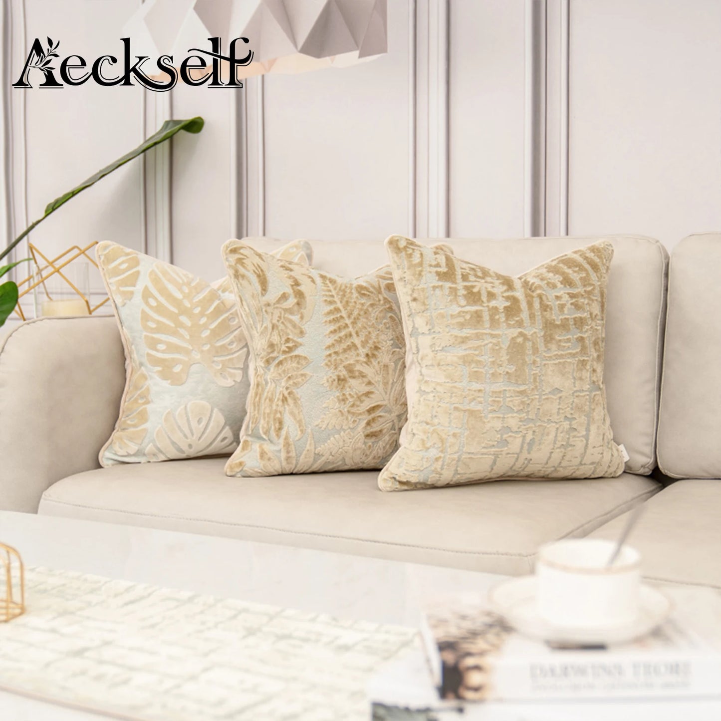 Aeckself Luxury Flowers Leaves Pattern Cut Velvet Cushion Cover Home Decor Beige Throw Pillow Case Pillowcase