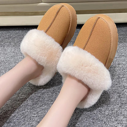 Women Thick Sole Faux Fur Slippers Winter Plush Warm Cotton Shoes Woman Indoor Outdoor Non Slip Fluffy Platform Slippers 2023