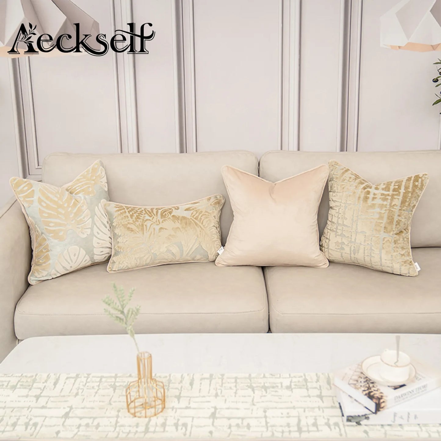 Aeckself Luxury Flowers Leaves Pattern Cut Velvet Cushion Cover Home Decor Beige Throw Pillow Case Pillowcase