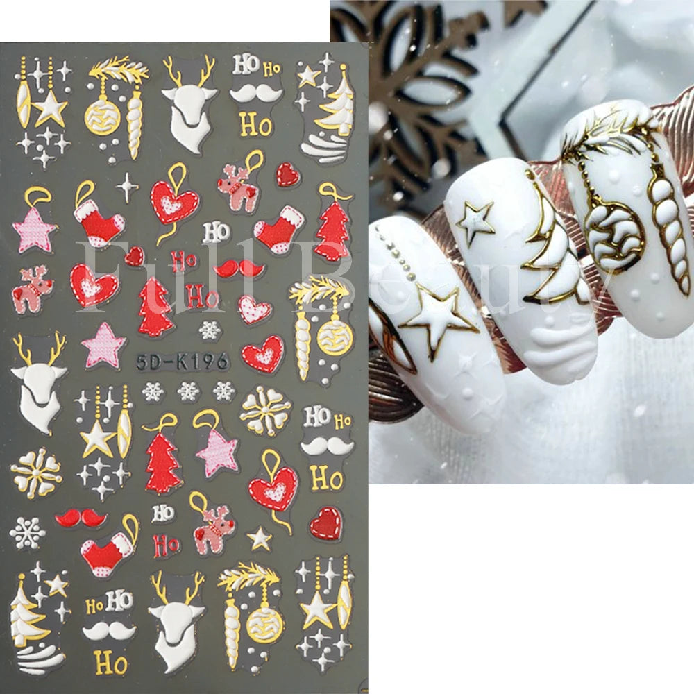 5D Christmas Nail Stickers Snowman Winter Decor Gloves Hats Bear Penguins Sliders Embossed Knit Sweater Decals Manicure GL5D-K