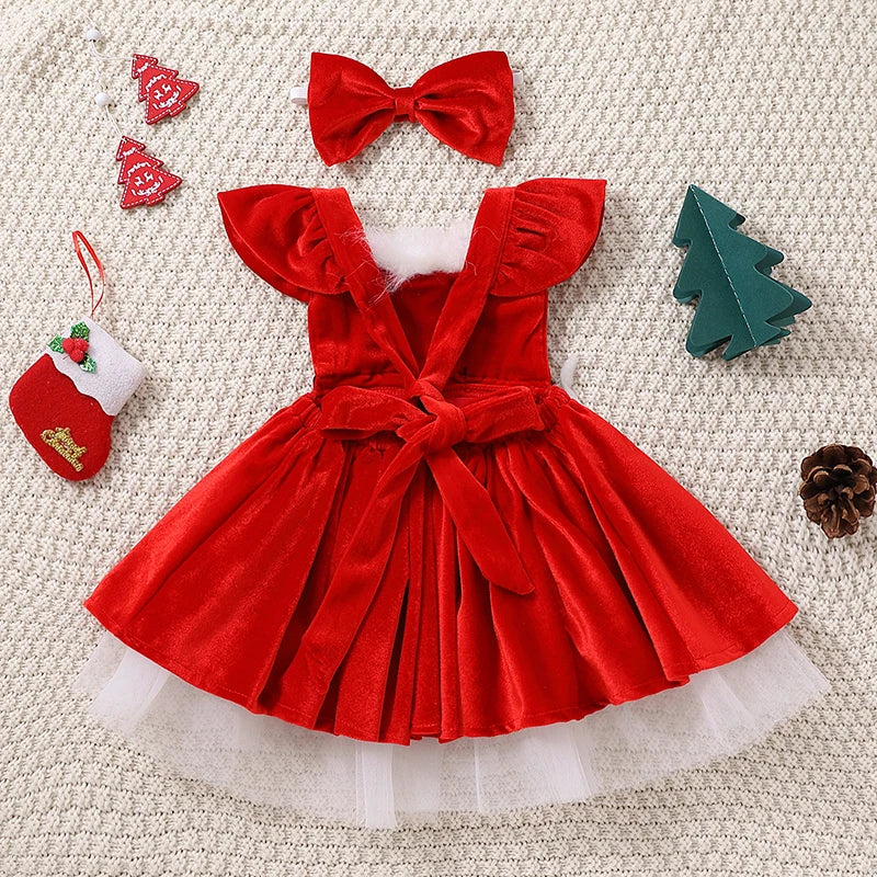 Kid Baby Girl Christmas Clothes Set  Faux Fur Patchwork Long Sleeve Off Shoulder A-Line Dress with Belt + Bow Headband