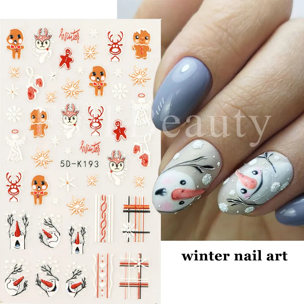 5D Christmas Nail Stickers Snowman Winter Decor Gloves Hats Bear Penguins Sliders Embossed Knit Sweater Decals Manicure GL5D-K