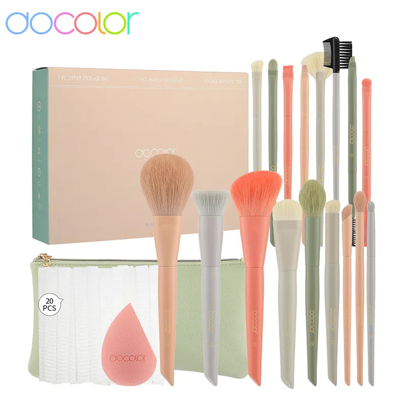 Docolor 17Pcs Makeup Brushes Set Eye Shadow Blush Powder Blending Foundation Cosmetic Brush  With Makeup Sponges And Bag