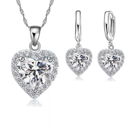 Fine 925 Sterling Silver  Jewelry Set For Women Bridal Wedding Heart Austrian Crystal Necklaces Earrings Set Valentine Day