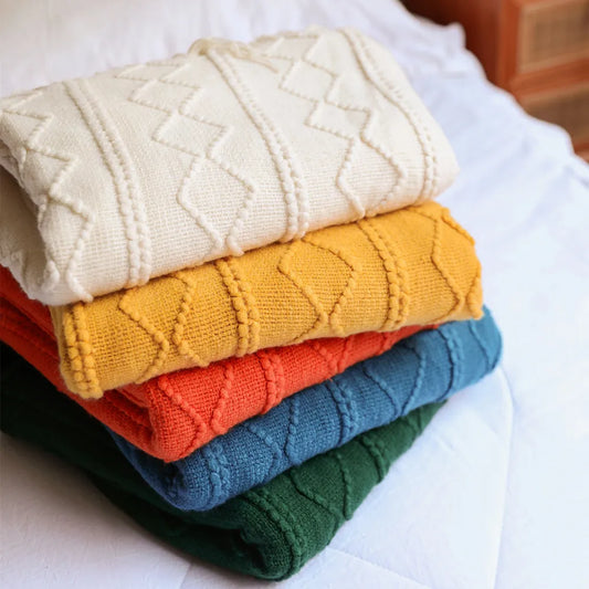 Knitted Blanket Solid Color Waffle Embossed Blanket Nordic Decorative Blanket for Sofa Bed Throw Chunky Knit Throw Blanket