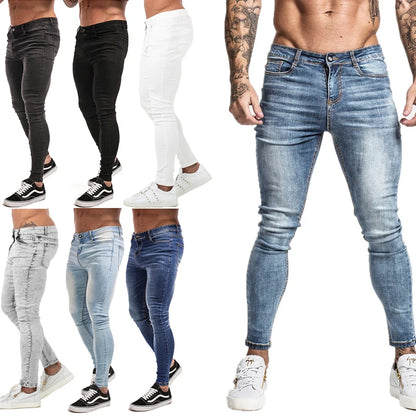 GINGTTO Jeans Men Elastic Waist Skinny Jeans Men 2020 Stretch Ripped Pants Streetwear Mens Denim Jeans Blue