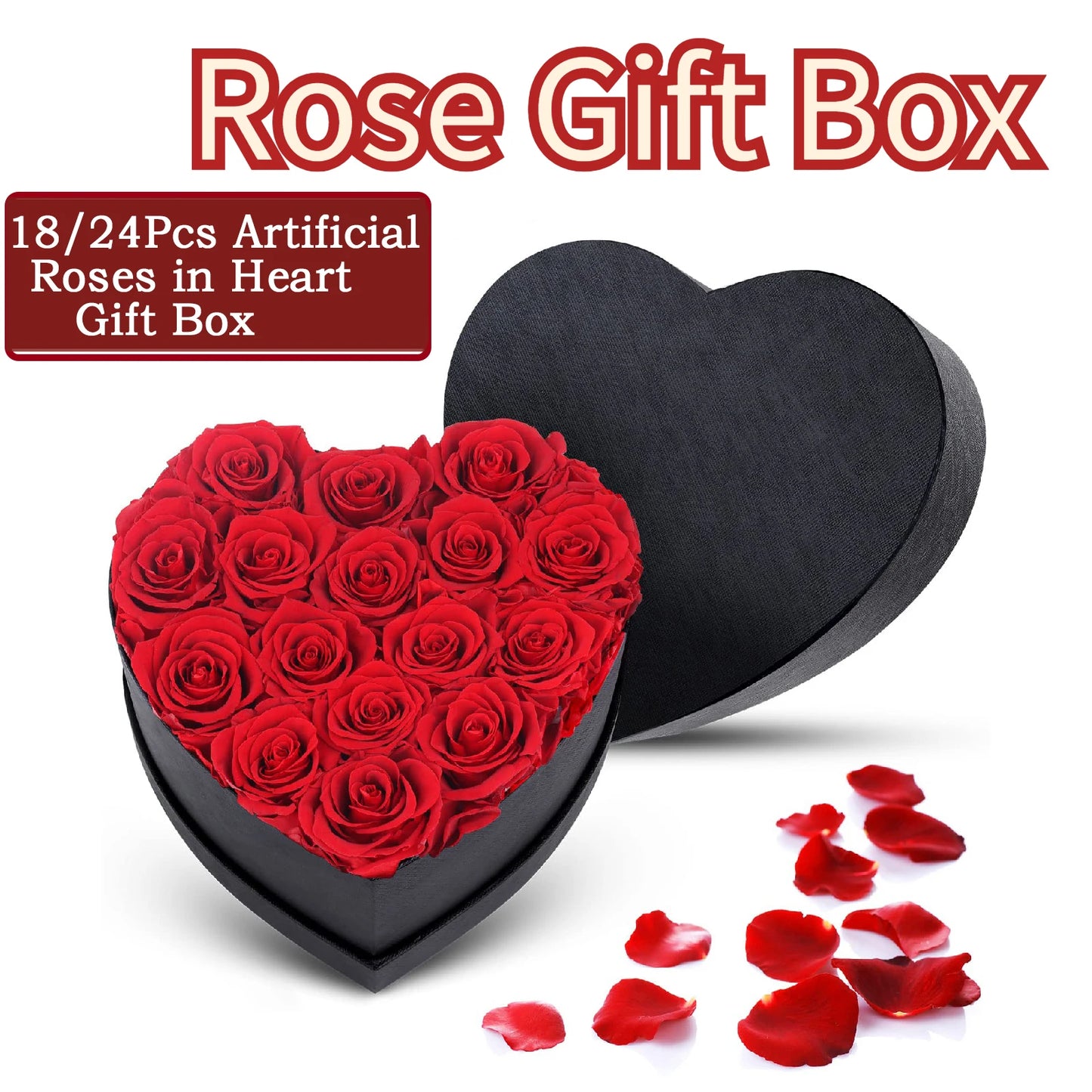 18/24Pcs Valentine Heart Shape Rose Gift Box Artificial Eternal Roses Forever Red Roses for Birthday/Anniversary/Wedding