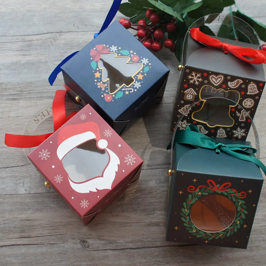 12pcs Christmas Paper Box with Window Handle Candy Box Soap Candle Cookie Candy Little Gift Packaging Party Favors Decor