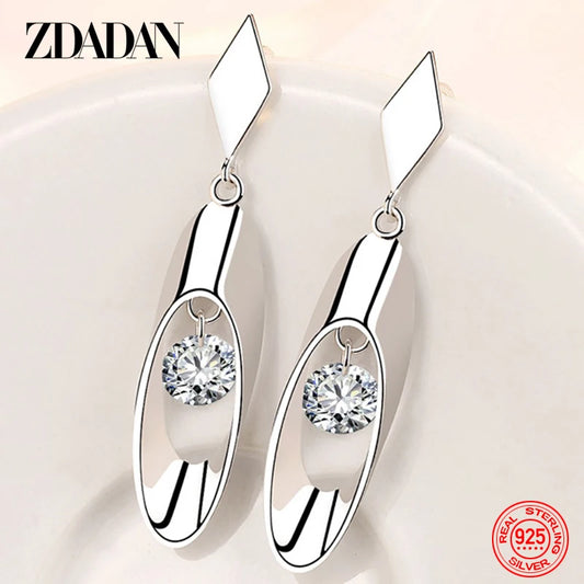 ZDADAN 925 Silver Pink Crystal Hollow Long Drop Earrings For Women Charm Wedding Jewelry Gift