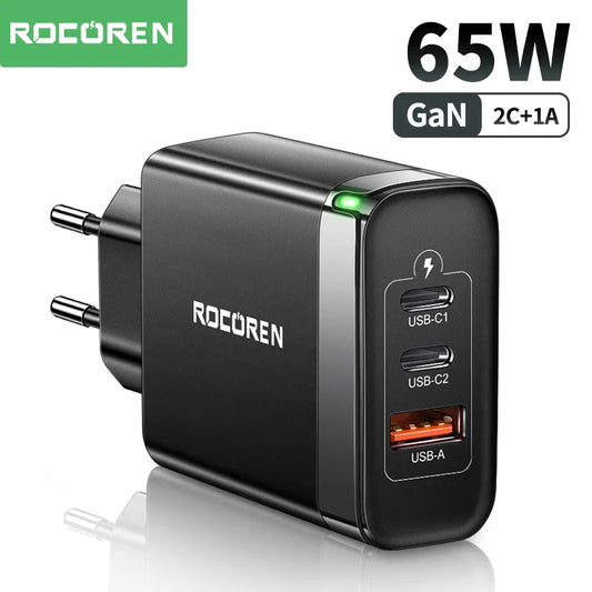 Rocoren 65W GaN USB Type C Charger Quick Charge QC 4.0 PD 3.0 QC4.0 USBC Fast Charging USB Charger For iPhone 14 13 Pro MacBook