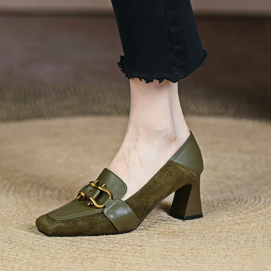 Retro Luxury Women's Shoes Pumps 2023 New Metal Decoration Square Toe Brand Mueller Shoes Green Designer High Heeled Loafers